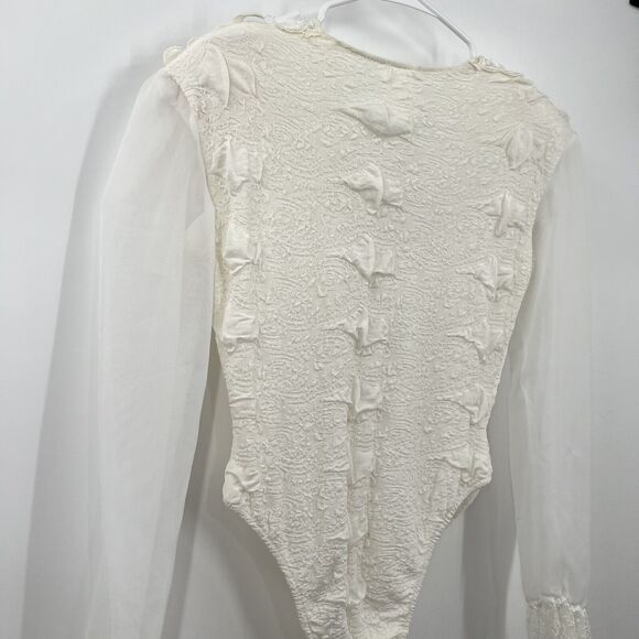 VTG Bhatti France Lace Ruffle Bodysuit Shoulder Pads Victorian S/M Classy - Picture 15 of 16